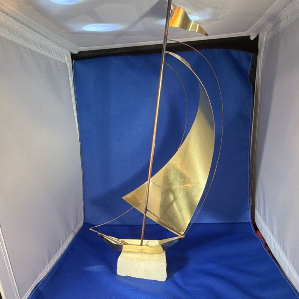 Sculptura L. Uchida Nautical Metal Sailboat Sculpture on Stone Base